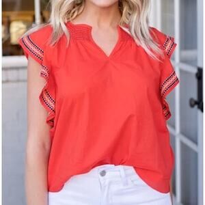 Ellison Women's Size Large‎ Red Embroidered Ruffled Sleeves Blouse